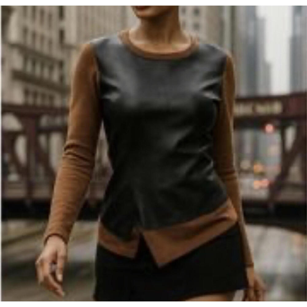 LAFAYETTE 148 brown black leather alpaca sweater sz L